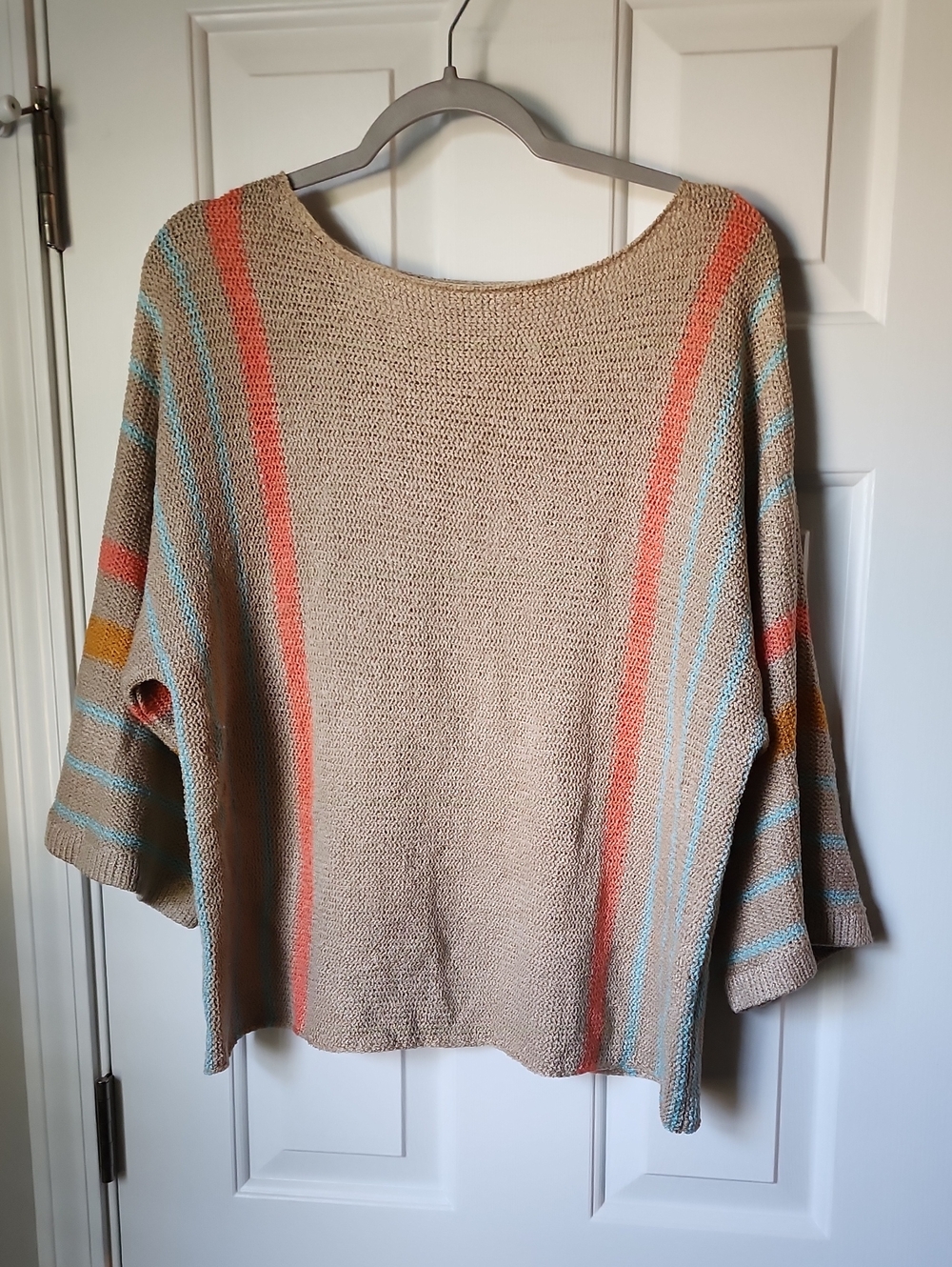 Beige Striped Scoop-Neck Sweater with Coral & Light Blue Accents
